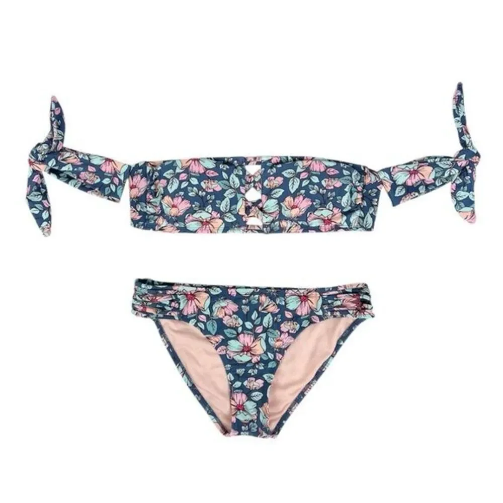 Xhilaration Dusty Blue Floral Strapless Bandeau‎ Bikini Size Medium